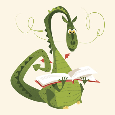 A illustration of a dragon reading a book