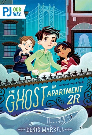 Three children in a city with ghostly figures in front and behind them