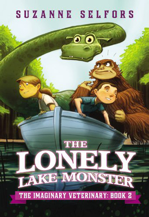 Two kids and a sasquatch in a boat in front of a lake monster