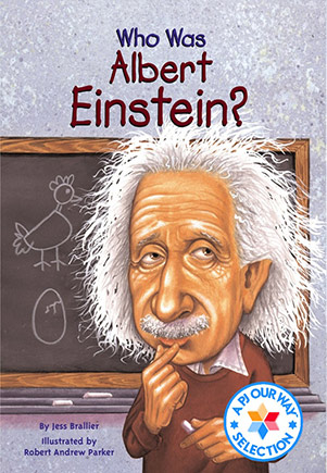 Albert Einstein in front of a chalk board
